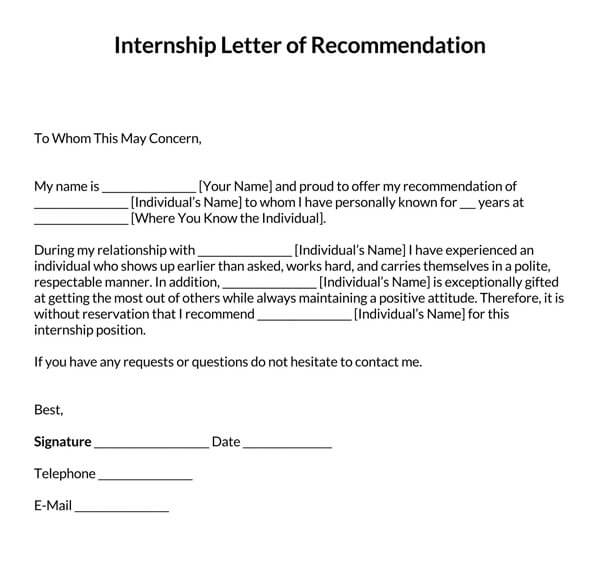 Free Internship Recommendation Letter Sample 03 for Word