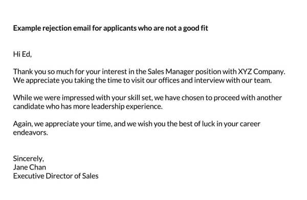 Downloadable Candidate Rejection Email After an Interview Sample 03 for Word File