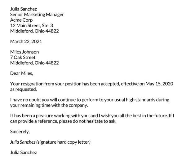 Free Resignation Acceptance Letter Sample