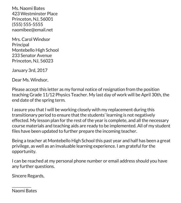 Downloadable Teacher Resignation Letter Format