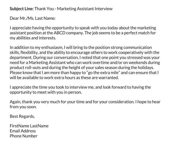 Free Printable Marketing Assistant Phone Interview Thank You Letter Example as Word File