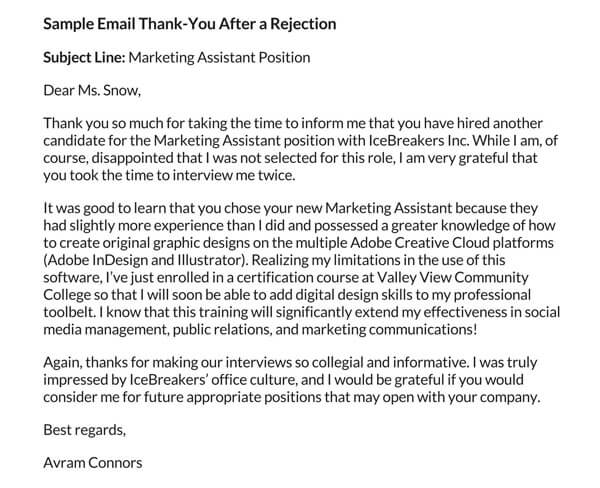 Comprehensive Printable Marketing Assistant Job Rejection Follow-up Email Sample for Word Format