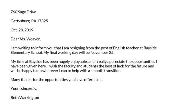 Teacher Resignation Letter in Word