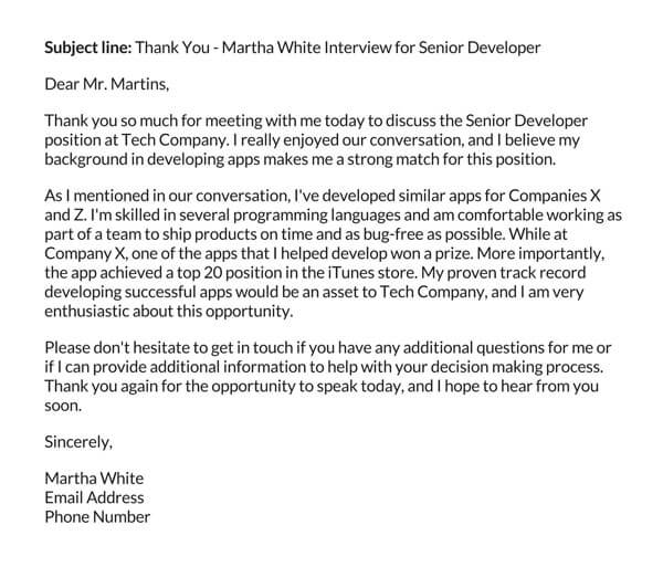 Free Printable Senior Developer Phone Interview Thank You Letter Example as Word File