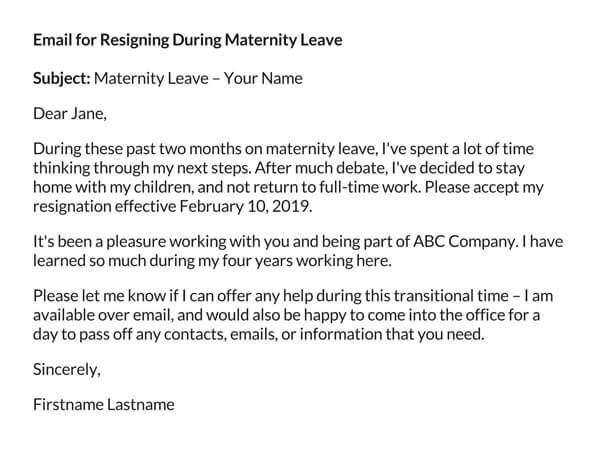 Great Professional Maternity Leave Resignation Email Sample 01 as Word Document