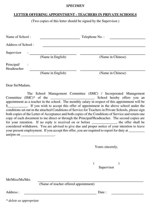 Example of Teacher Appointment Letter