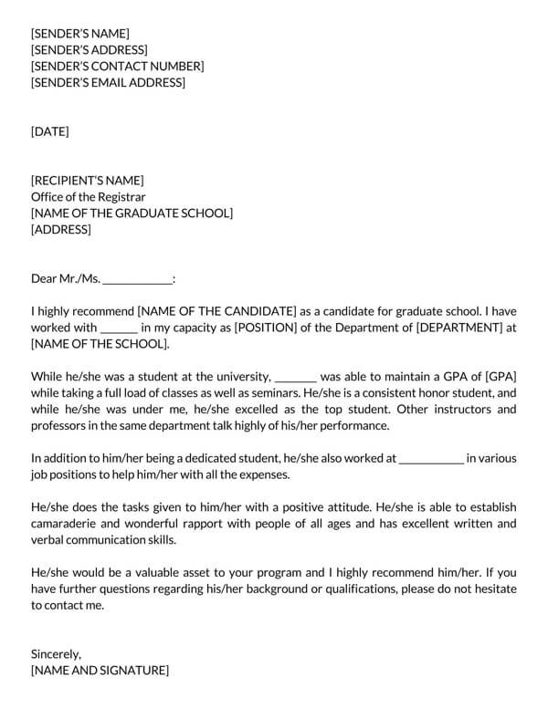 Free Printable Reference Letter for Student for Graduate Program Sample 02 in Word Format