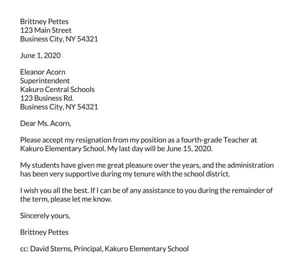 Sample Teacher Resignation Letter for Free