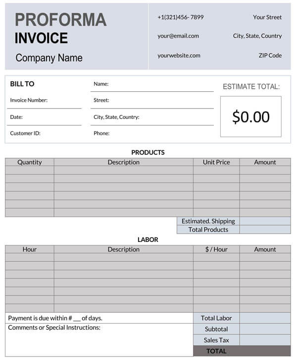 Professional Proforma Invoice Example - Excel Spreadsheet