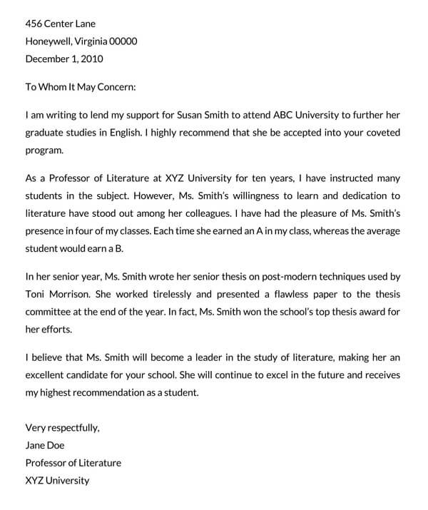 Free student recommendation letter template in Word