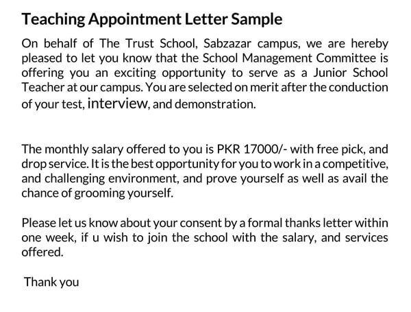 Printable Teacher Appointment Letter Format
