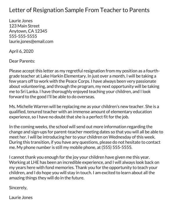 Editable Teacher Resignation Letter PDF
