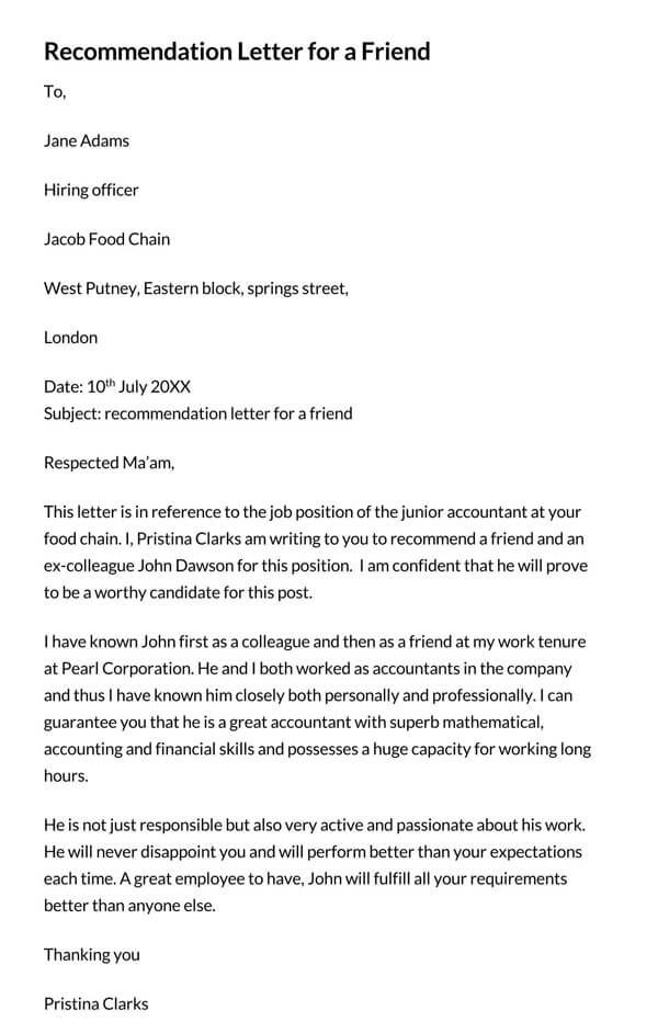 Personal recommendation letter for friend in Word format 10