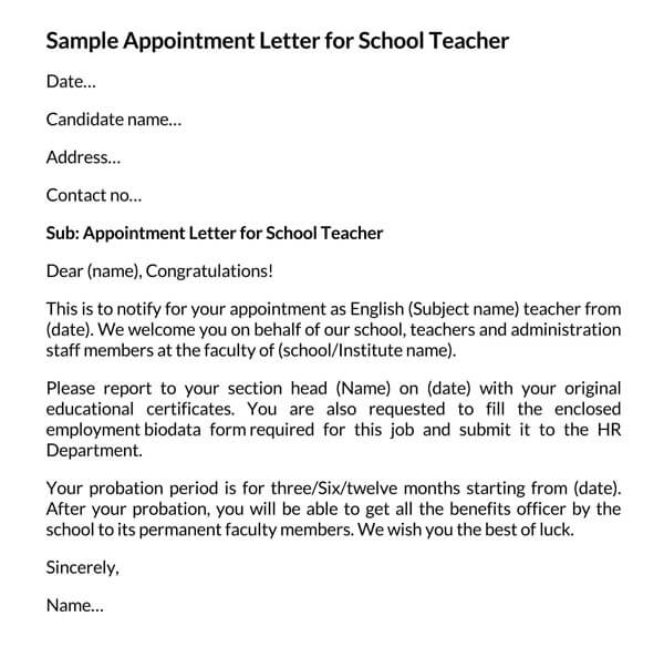 Sample Teacher Appointment Letter in Word