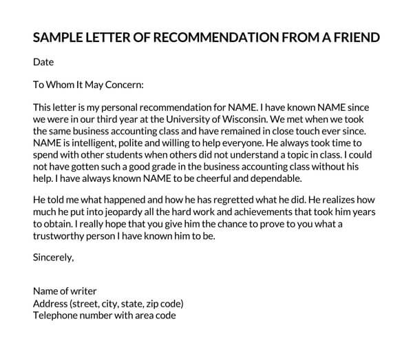 Personal recommendation letter for friend in Word format 12