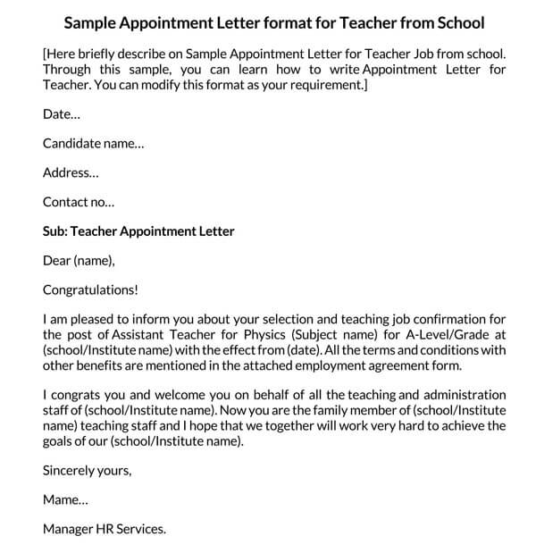 Free Teacher Appointment Letter Sample