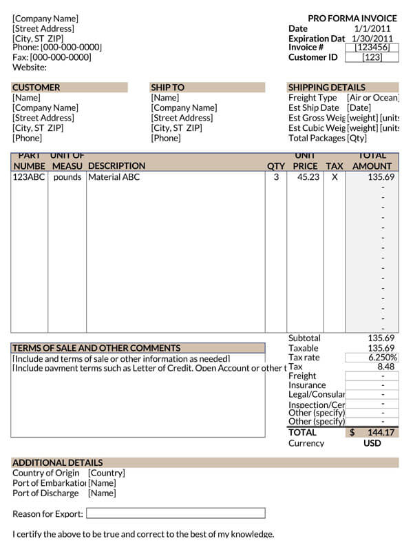 Proforma Invoice Format - Editable Excel Template