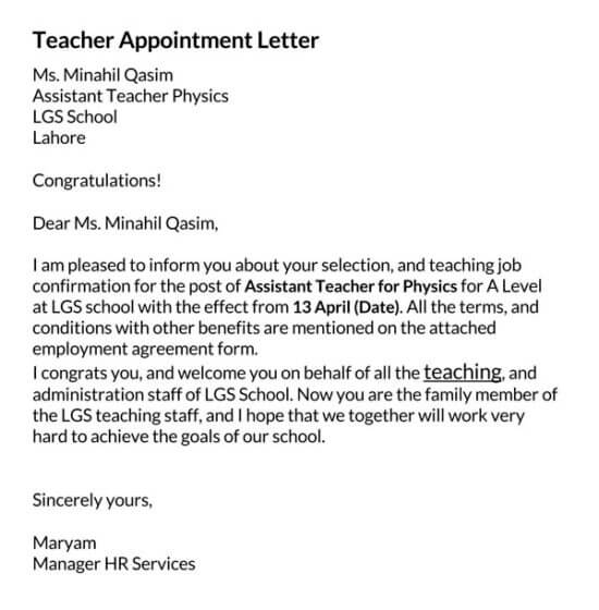 appointment letter department of education