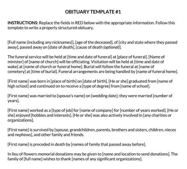 Editable obituary format in Word