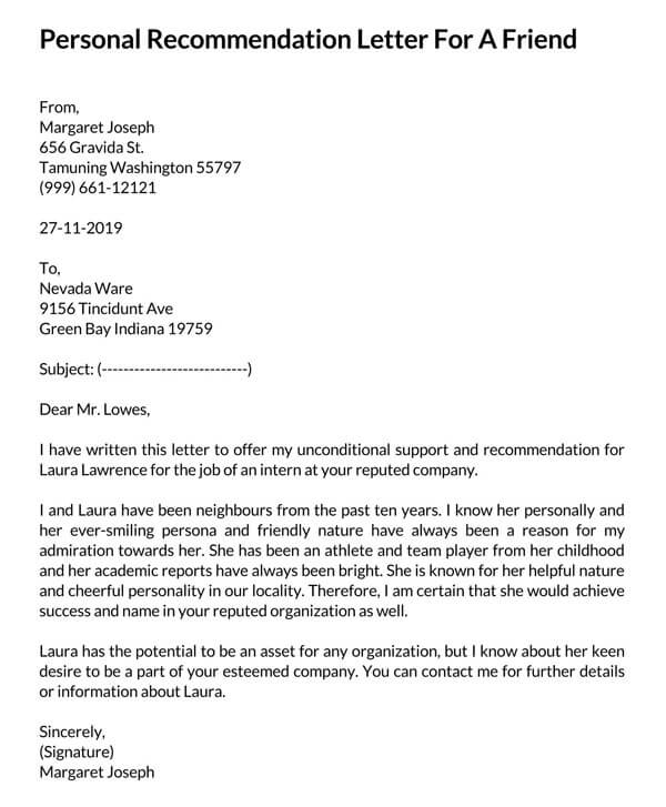 Personal recommendation letter for friend in Word format 14