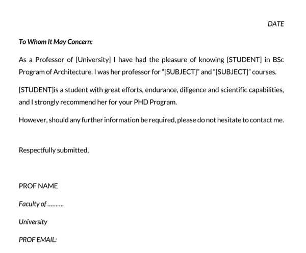 Free Downloadable Reference Letter for Student for PhD Program Sample 01 as Word Document