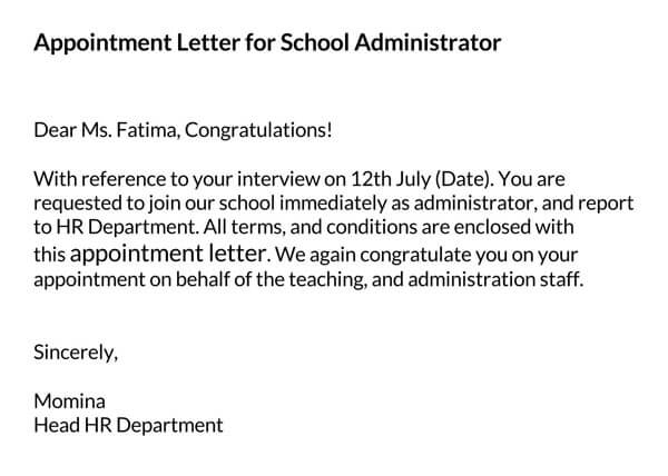 Free Appointment Letter for School Administrator