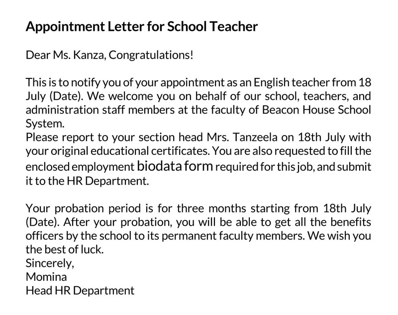 Printable Appointment Letter for School Teacher