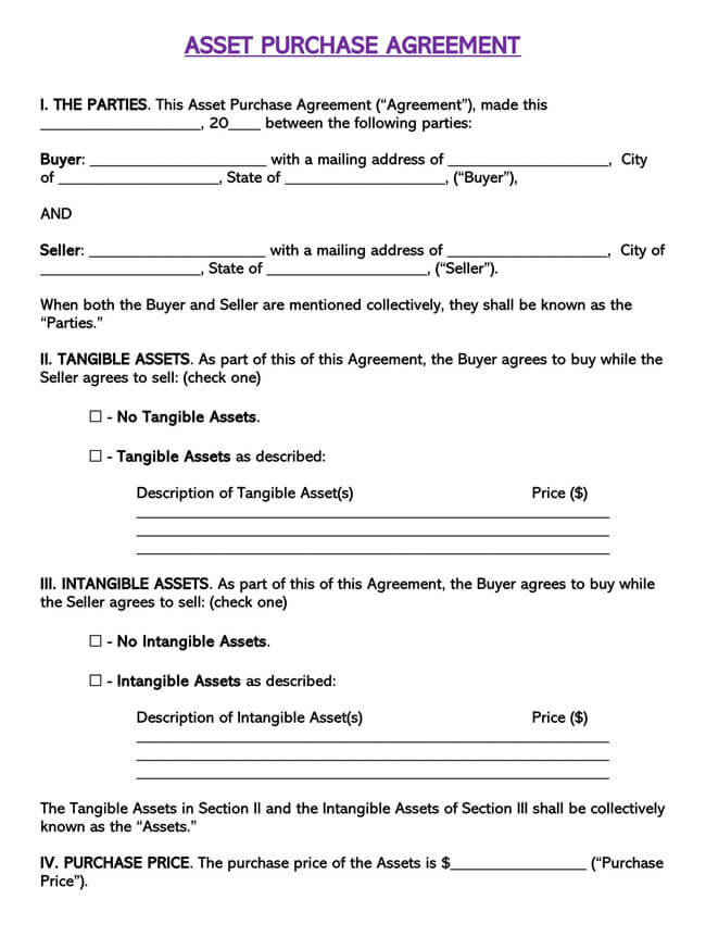 Printable Asset Purchase Agreement Template 03 in Word