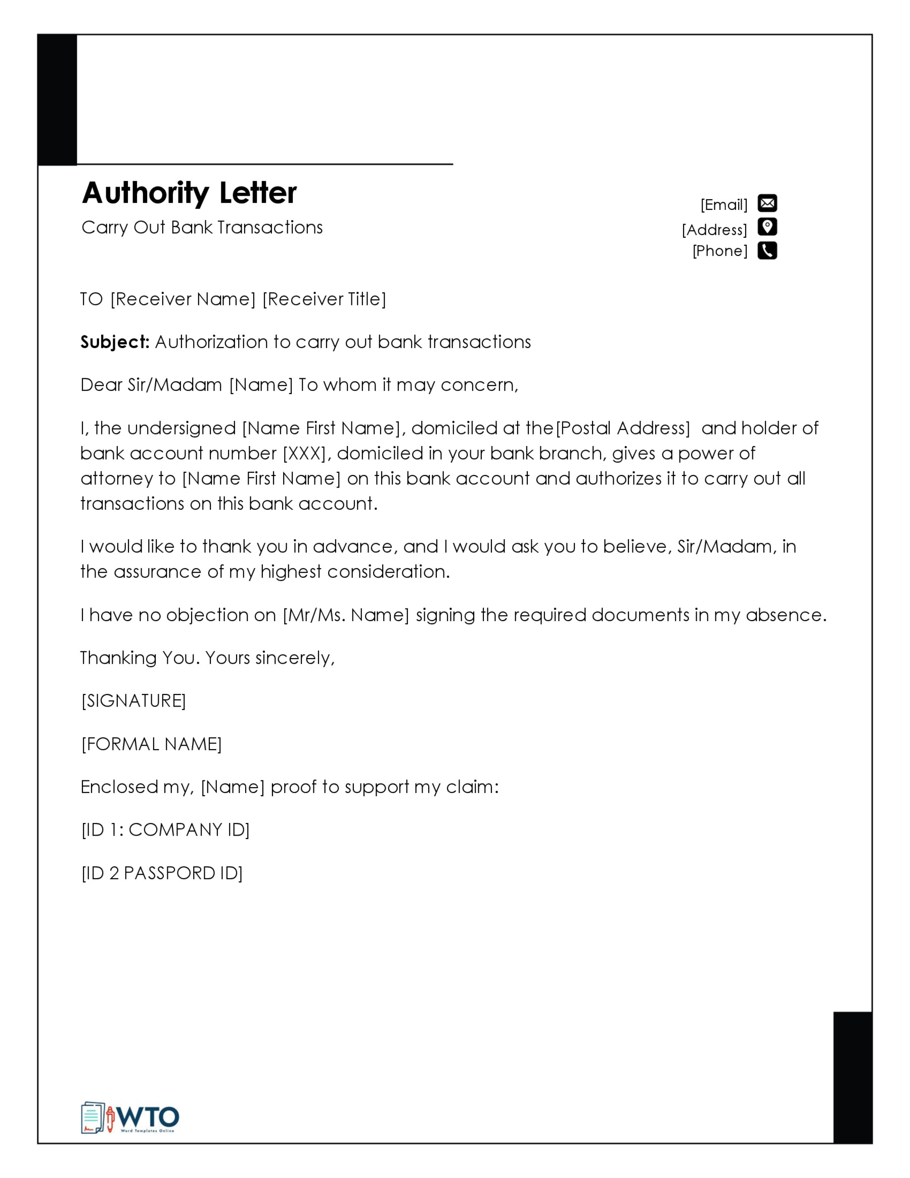Free Bank Authorization Letter Template to Operate Account