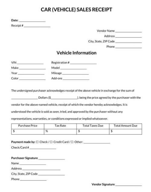 Printable Car Vehicle Sales Receipt Template Receipt