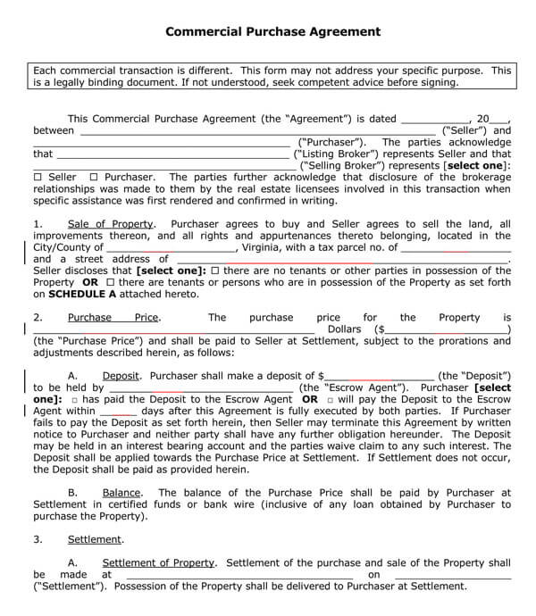 Free Editable Commercial Purchase Agreement Template as Pdf File