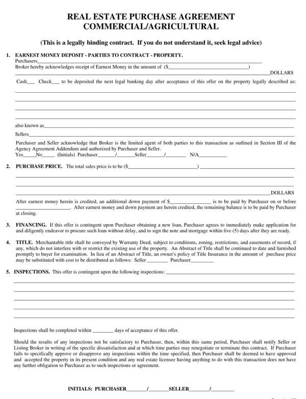Free Editable Commercial Real Estate Purchase Agreement Template as Pdf File