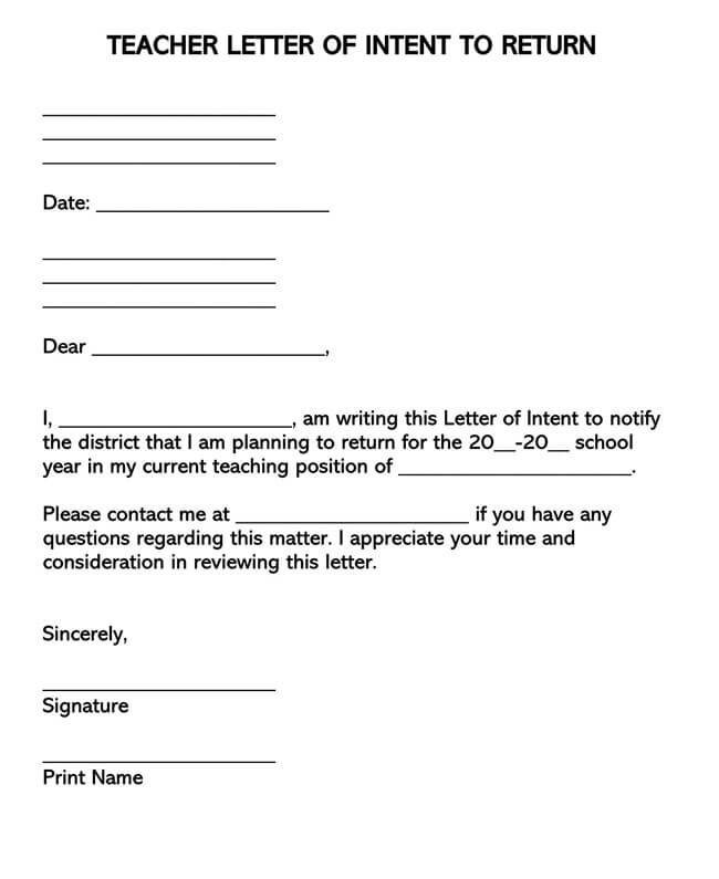 Free Letter of Intent for Teacher Sample for Word