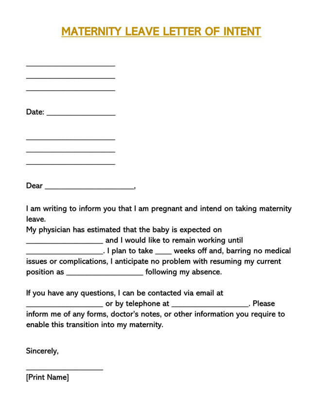 Free Letter of Intent for Maternity Leave Sample for Word