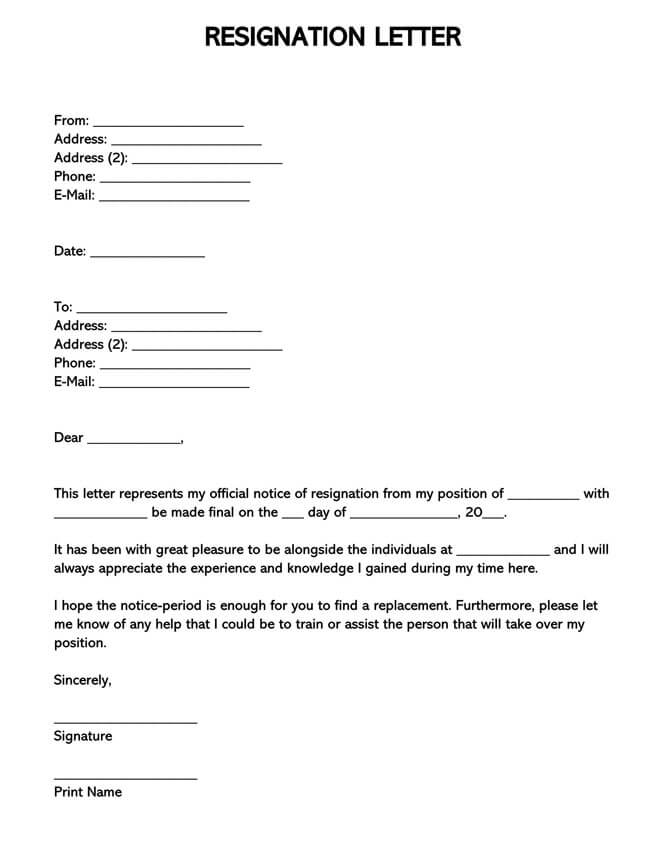 Free Letter of Intent for Resignation Sample for Word