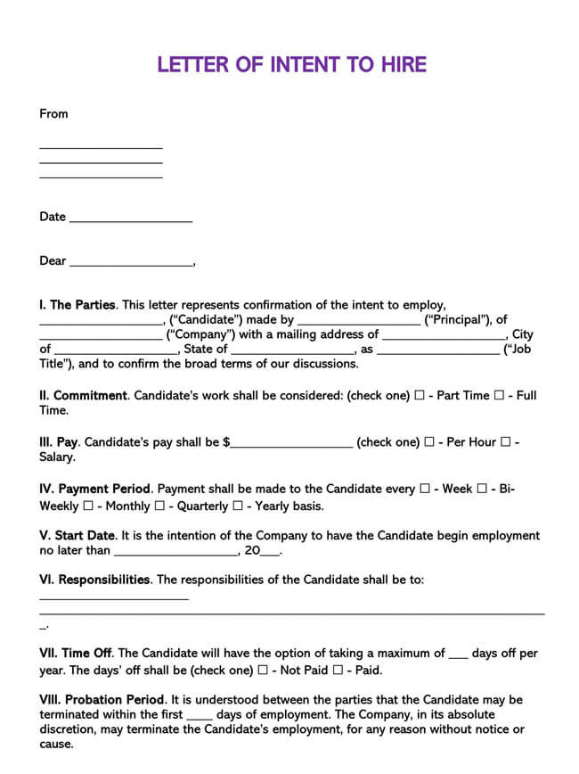 Free Letter of Intent to Hire Sample for Word