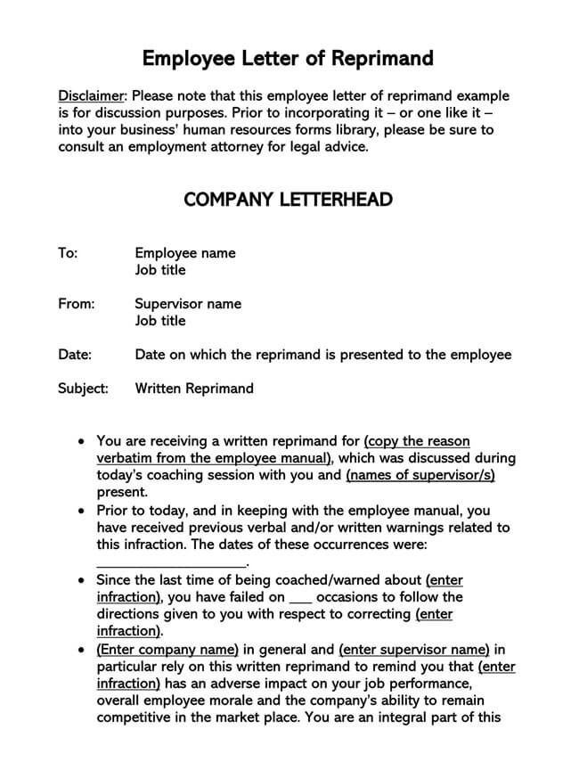 Free Downloadable Letter of Reprimand for Employee Performance Template 01 for Word File