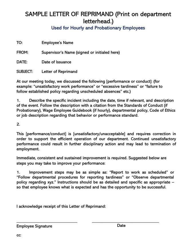 Downloadable PDF Form - Letter of Reprimand for Employee Performance