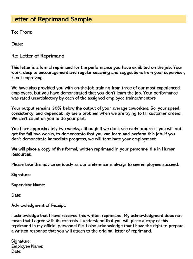 Free Downloadable Letter of Reprimand for Employee Performance Template 07 for Word File