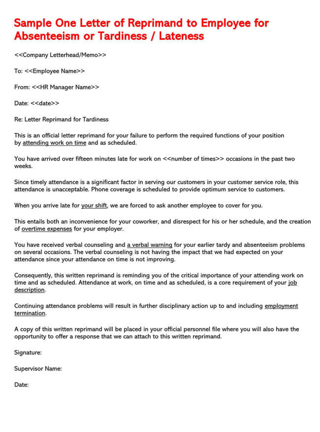 Free Printable Letter of Reprimand for Employee Performance Template 08 as Word Document