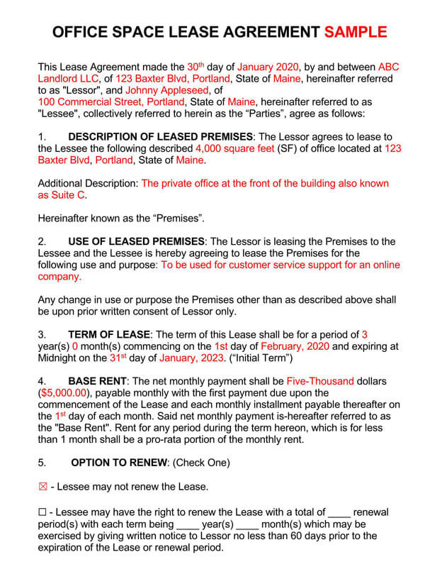 Free Office Space Lease Agreement Sample for PDF
