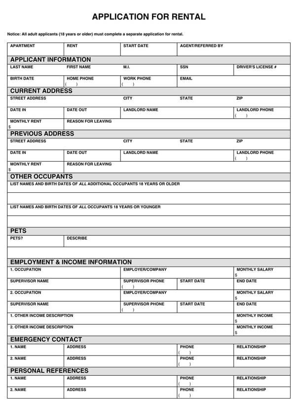 Application Form for Residential Rental Sample