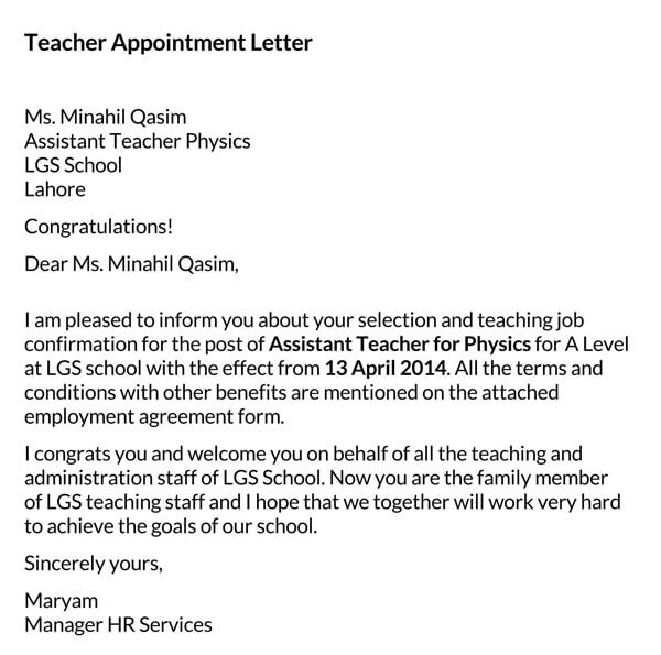 Primary Teacher Appointment Letter Template
