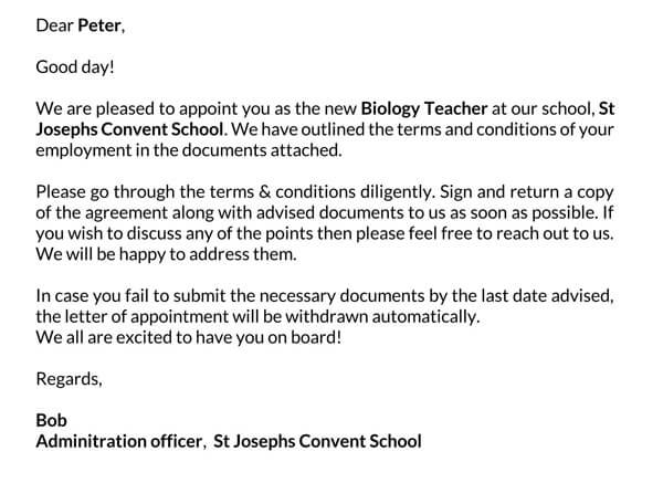 Sample Private School Teacher Appointment Letter