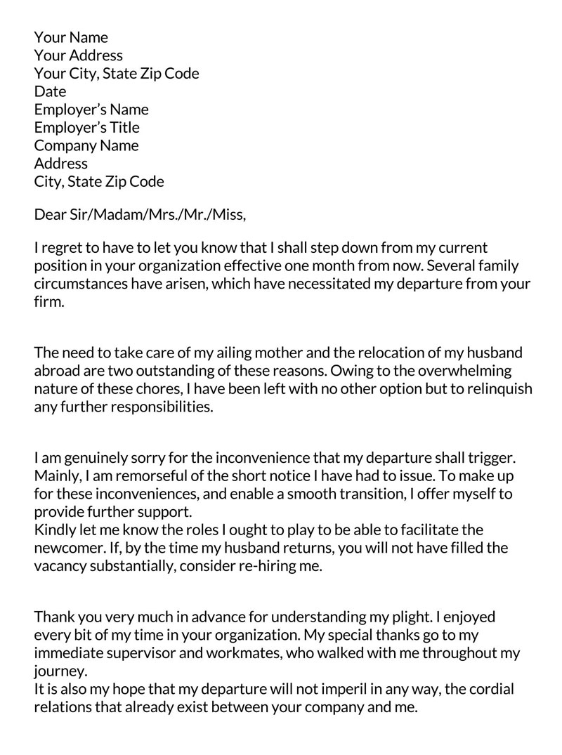 Editable Sample Resignation Letter due to family reasons