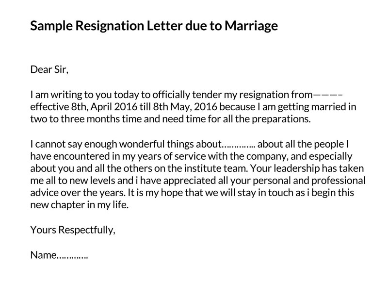 Professional resignation letter sample due to marriage 07