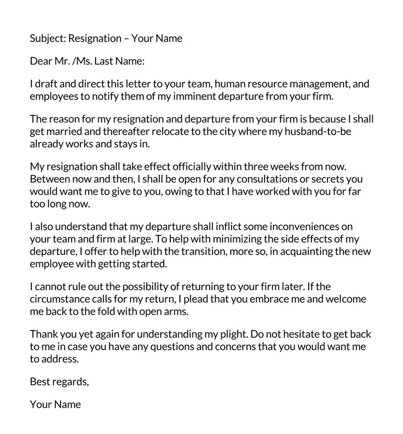 Standard resignation letter format due to marriage 08