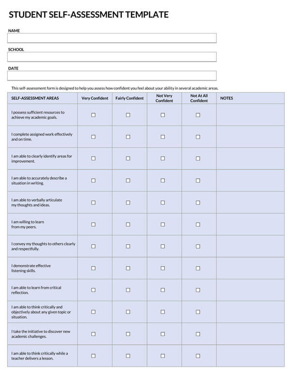 Free Student Self Assessment Template