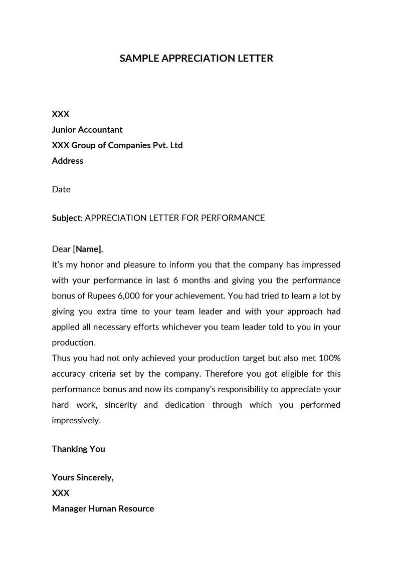 Appreciation letter for employee - Example for free