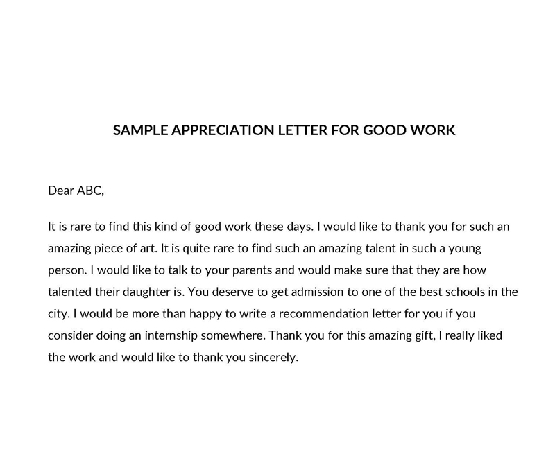 Free appreciation letter for good work - Sample